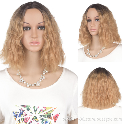 Short Blonde Water Wave Synthetic Bob Wigs For Women With Bangs Heat Resistant Natural Wavy Cosplay Wigs Hairline Full Wigs